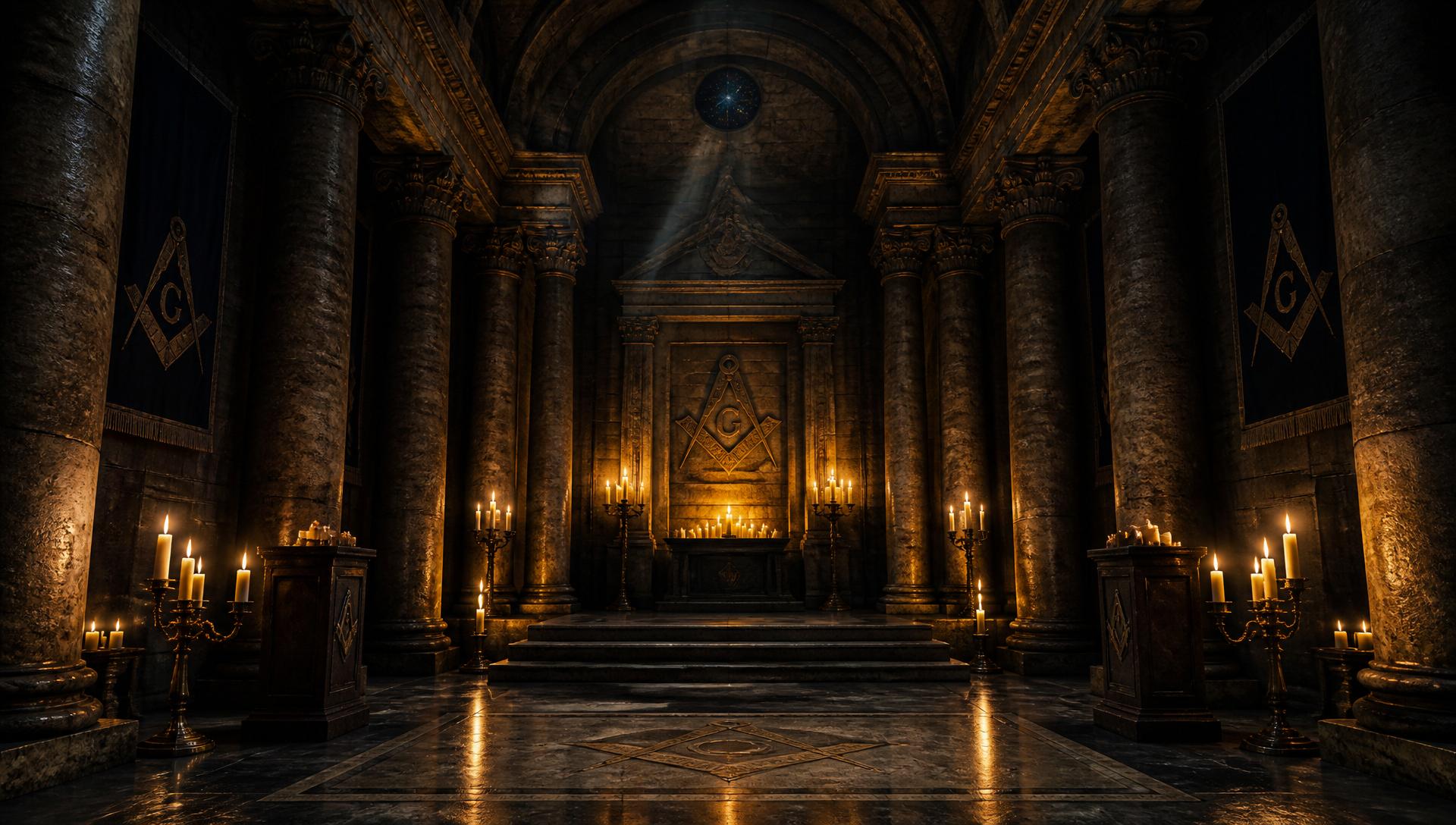 Candlelit masonic temple hall with stone columns